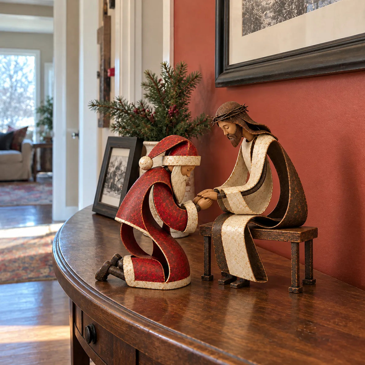 Santa Kneeling Before Jesus Christmas Figurines
