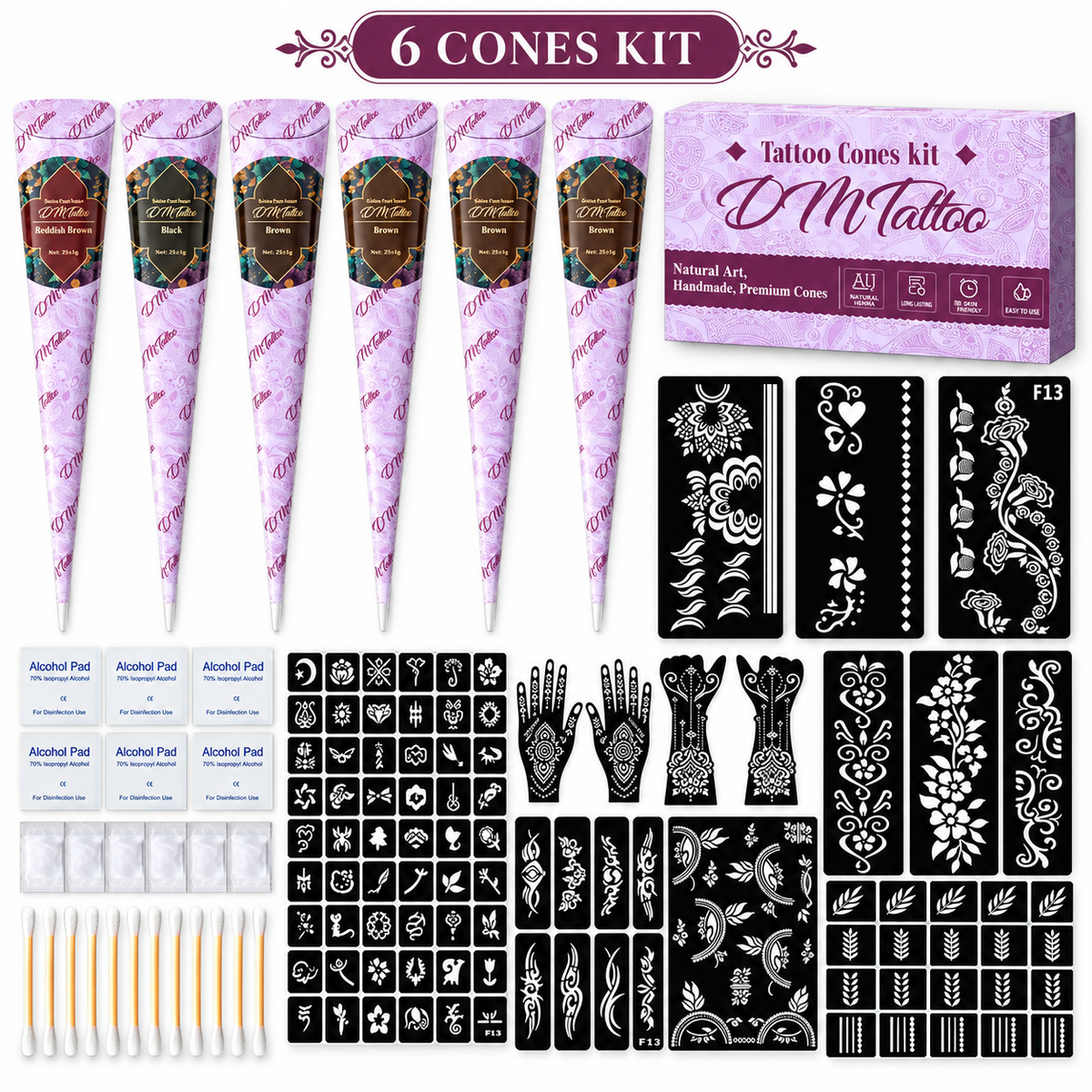 Six-cone DIY body art kit with an expanded stencil assortment
