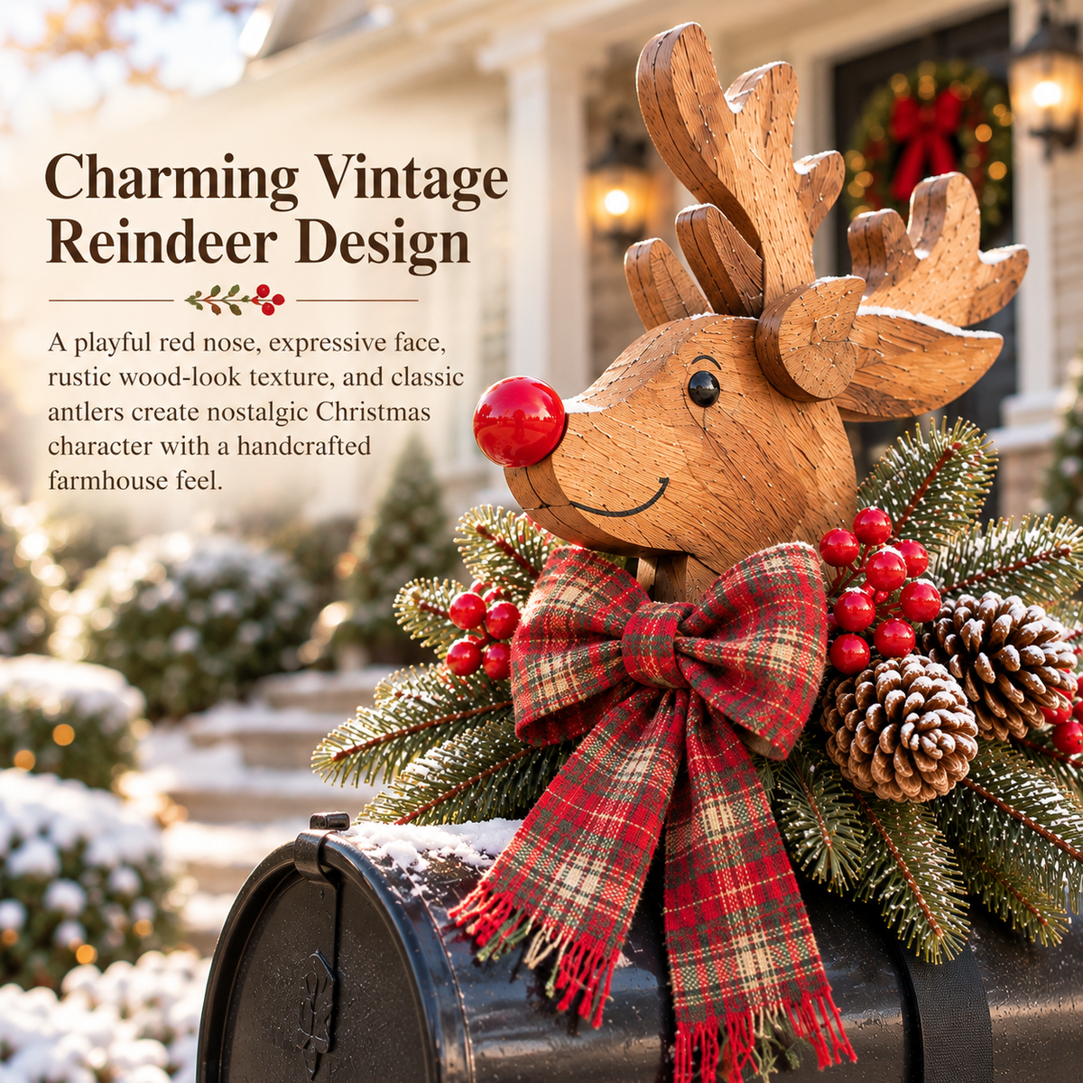 Close view of playful antlers, the red nose and rustic wood-look reindeer face