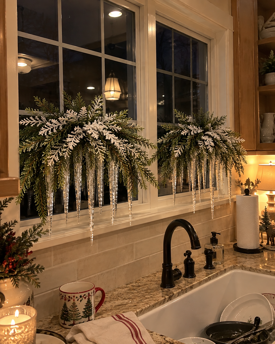 Snow-Kissed Icicle Greenery – Cascading Winter Mantel & Window Decor