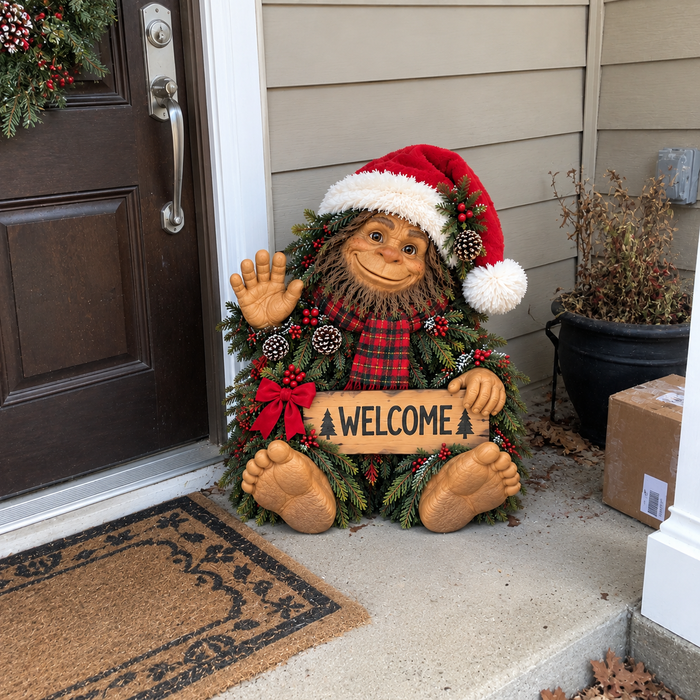 Christmas Sasquatch seen in a casual holiday home setting