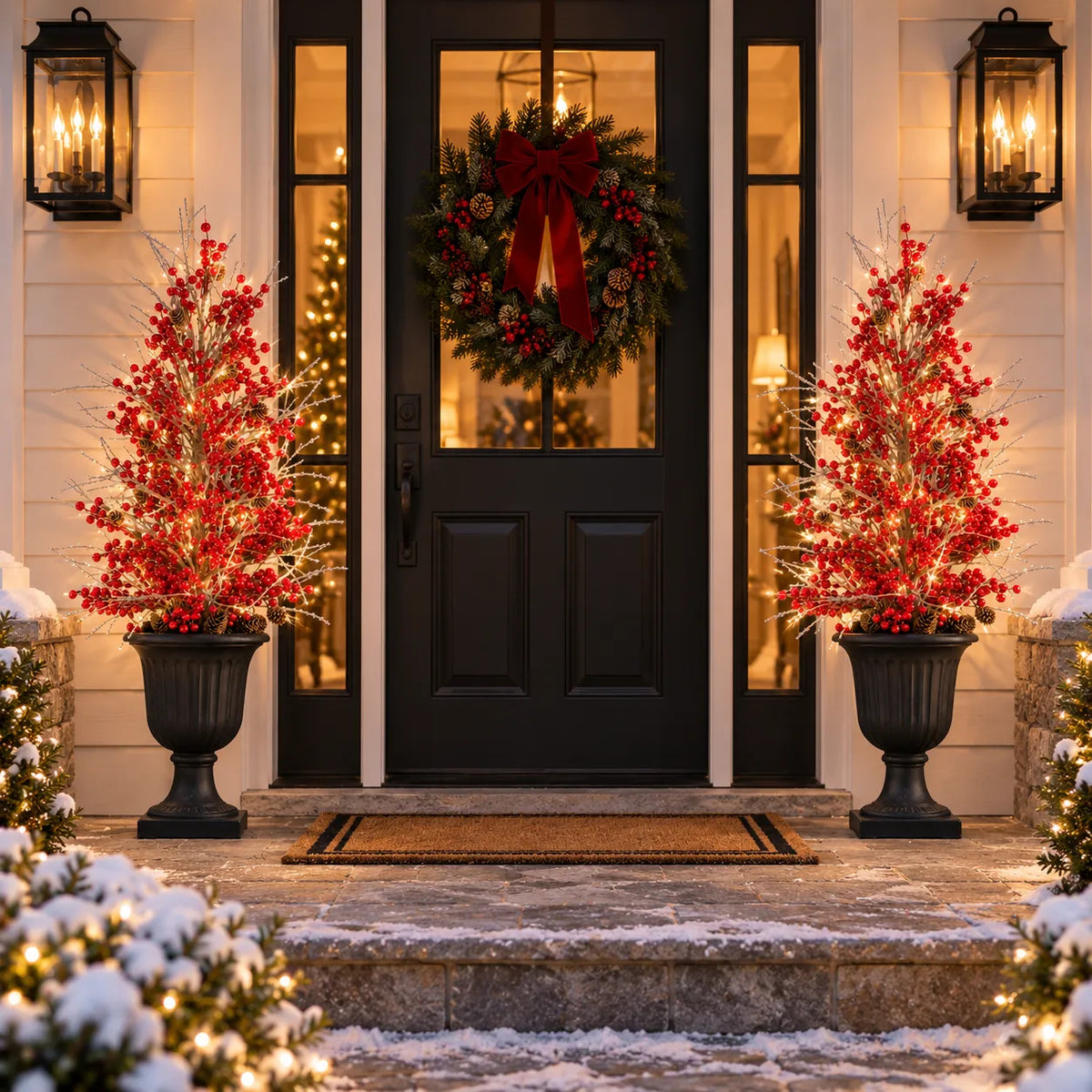 Pair of glowing red berry arrangements framing a Christmas front entrance
