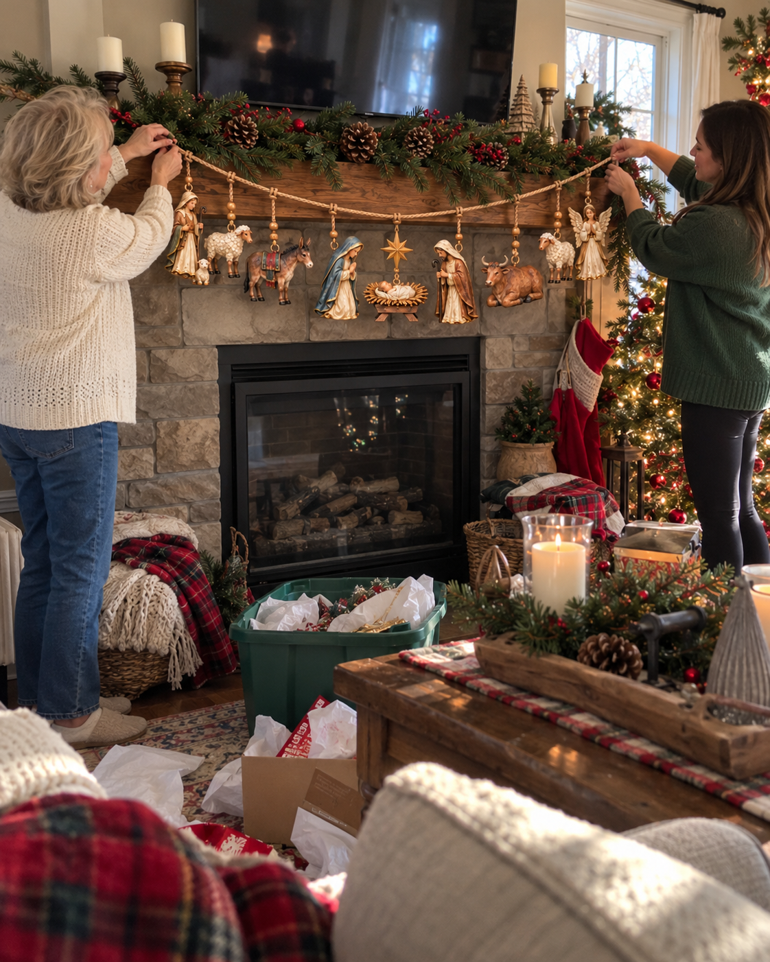 Family members hanging the Nativity Christmas garland together