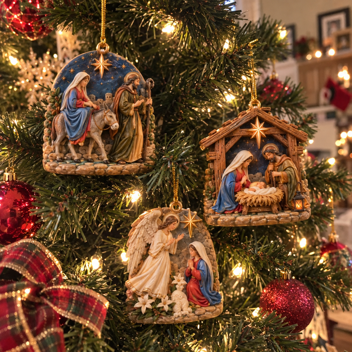 Nativity Story ornament scenes arranged across a wood fireplace mantel