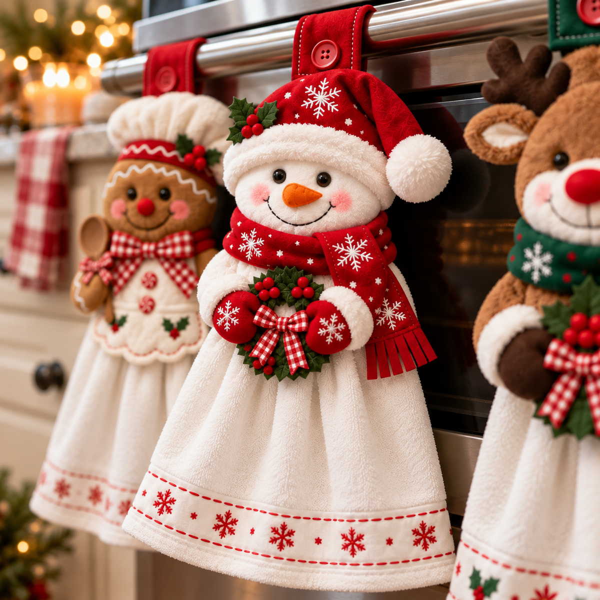 Close-up of the Snowman hanging kitchen towel with Gingerbread Baker and Reindeer in the background