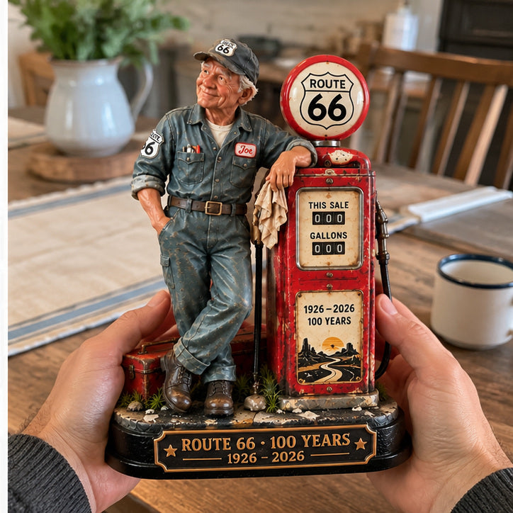 Hands holding Route 66 figurine to illustrate scale
