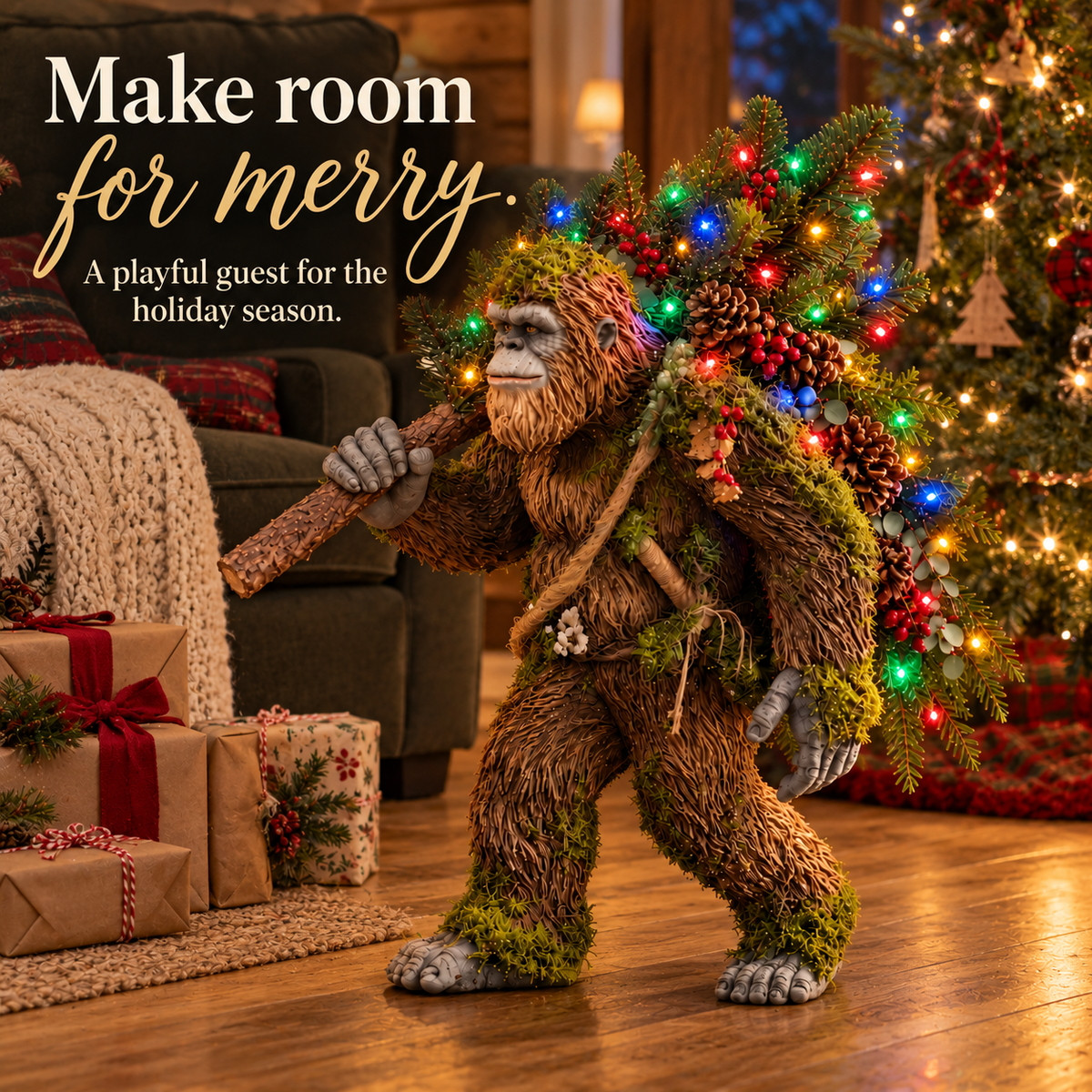 Close-up of Sasquatch face, evergreen foliage, berry clusters, pinecones and multicolor Christmas lights