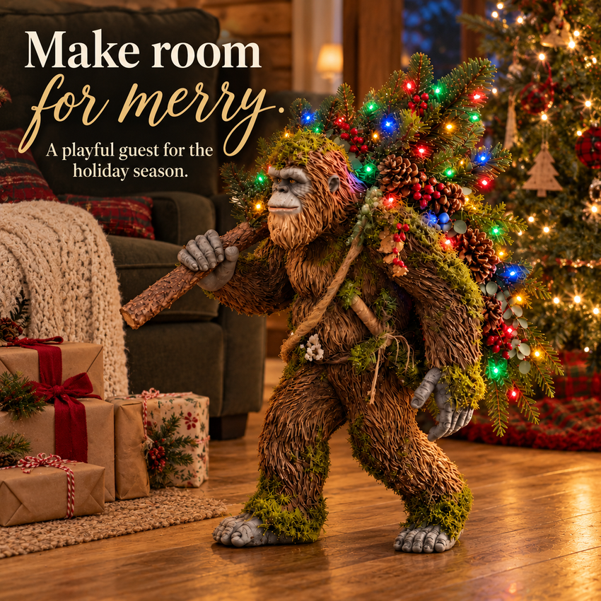 Holiday Sasquatch figure near a Christmas tree and wrapped gifts in a living room