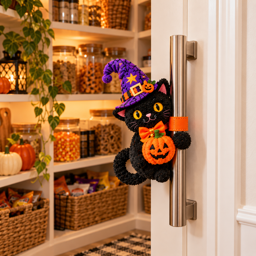 Black Cat Halloween decor on pantry handle