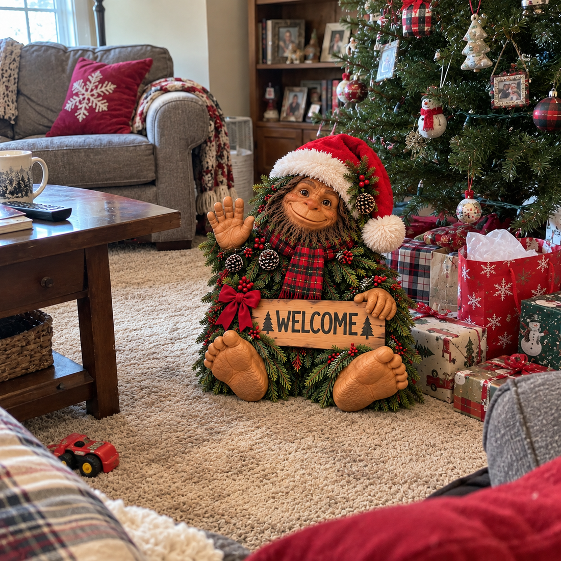 Christmas Sasquatch standing beside the family Christmas tree