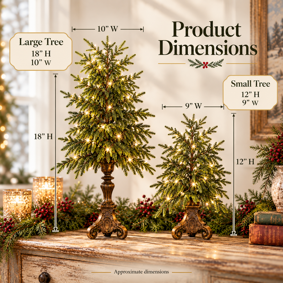 Product dimension chart for both tabletop Christmas trees