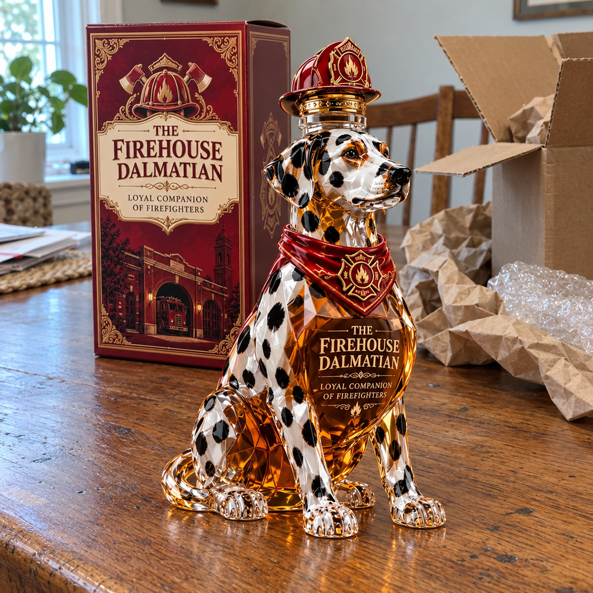 Closer tabletop view of the Firehouse Dalmatian bottle and packaging shown in the product photos