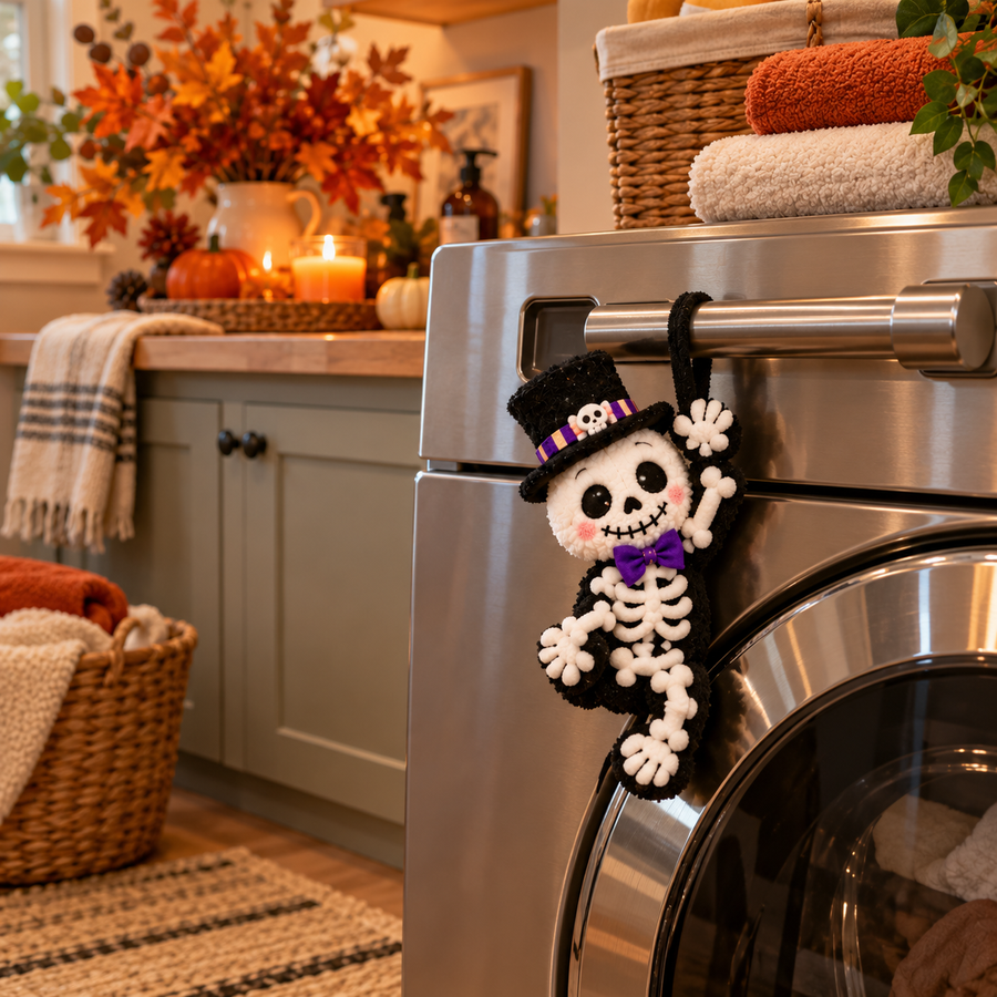 Skeleton Halloween decoration on laundry handle