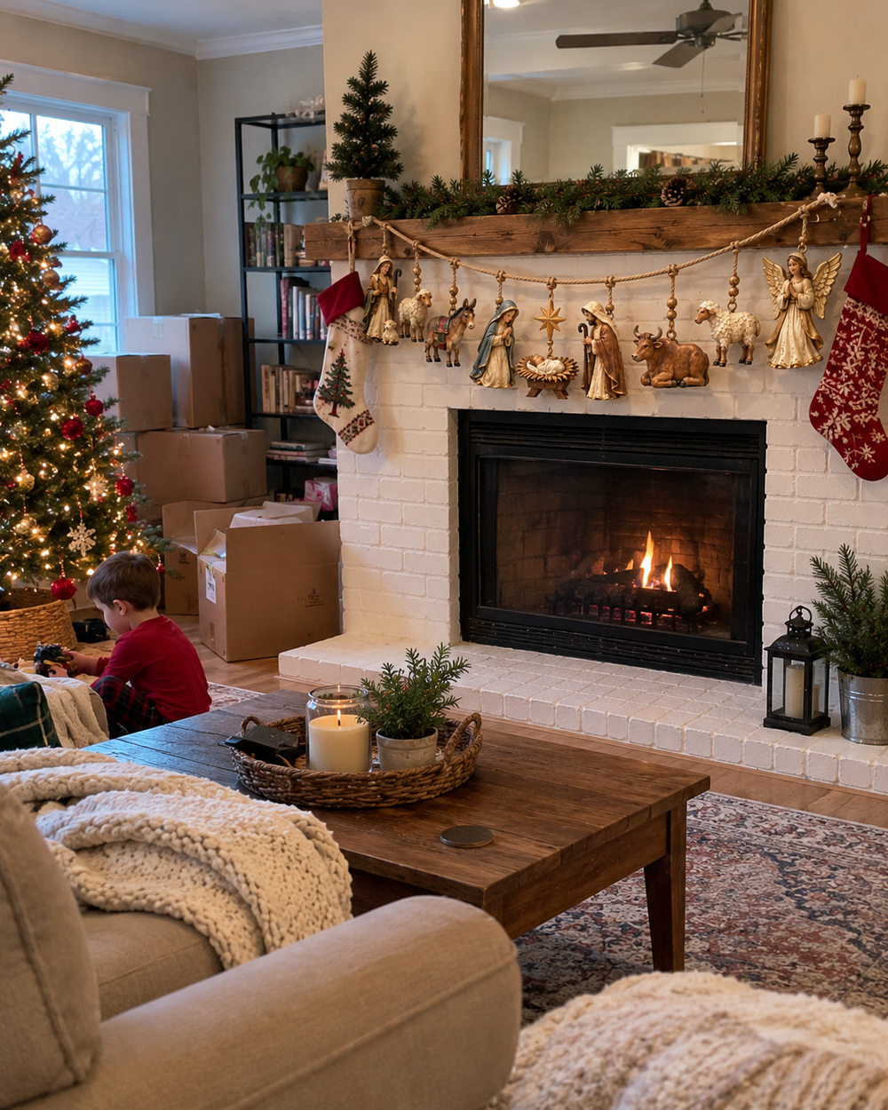 Nativity garland styled in a cozy Christmas living room
