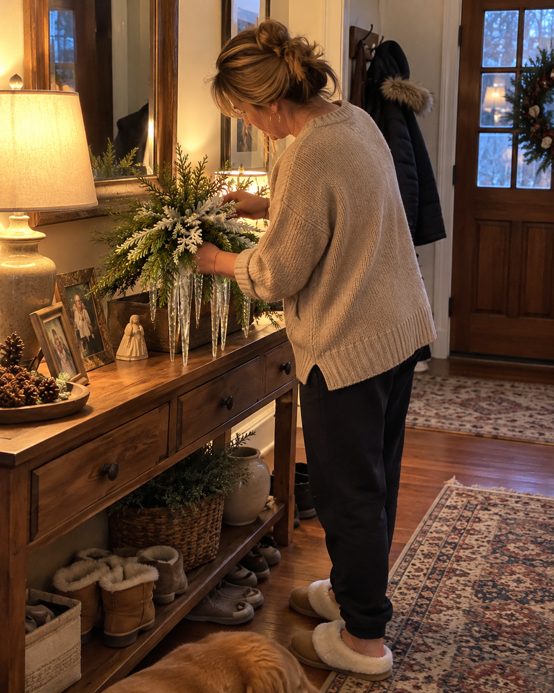 Woman arranging snow-kissed evergreen and hanging icicle decoration in her home
