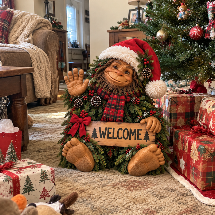 Christmas Sasquatch seen in a casual holiday home setting