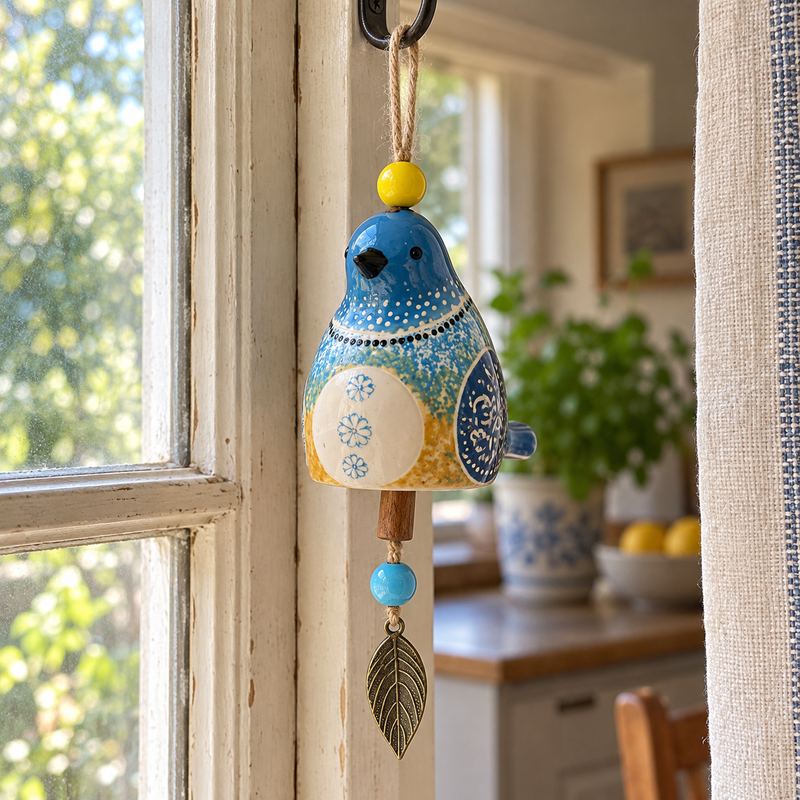 Blue ceramic bird hanging beside a sunlit window