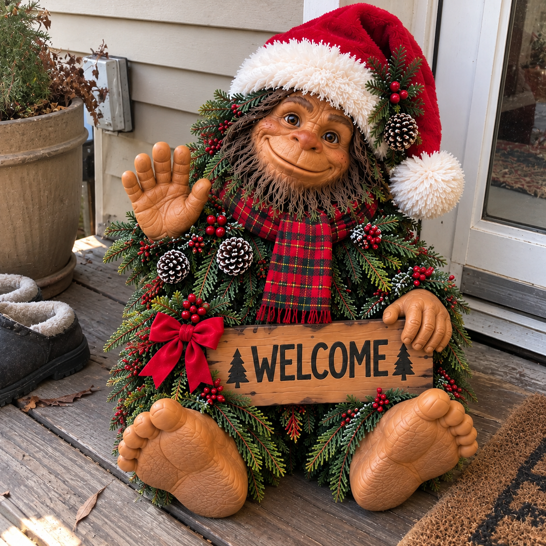 Close-up casual home photo of Sasquatch holiday greeter near a doorstep