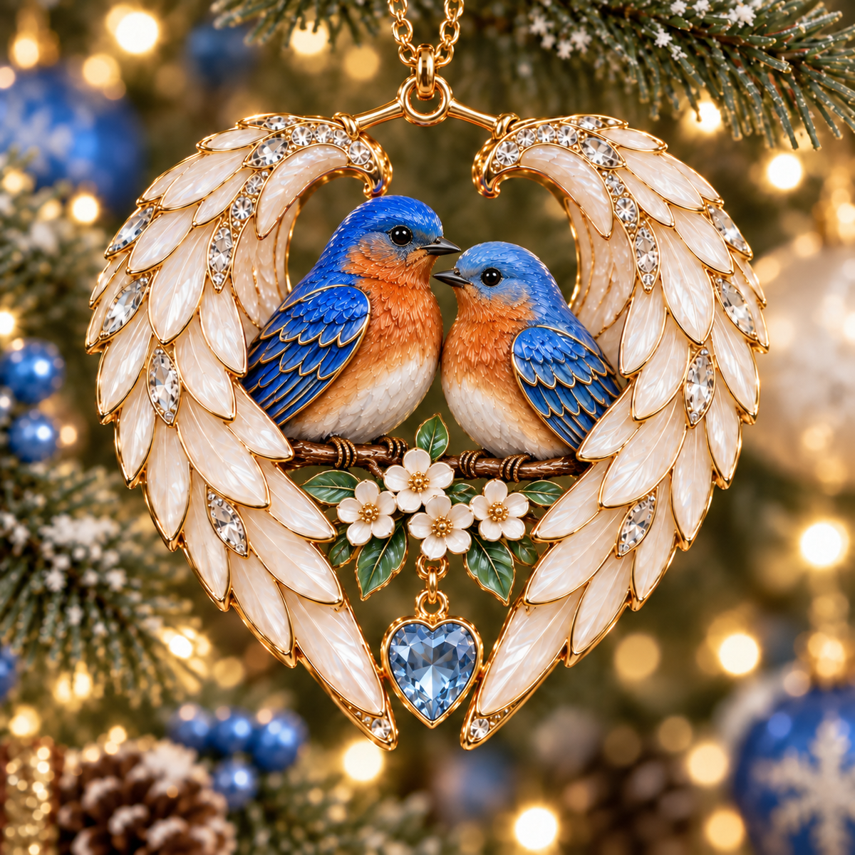 Eastern Bluebird Pair with blue wings and orange chests inside a white wing-shaped heart