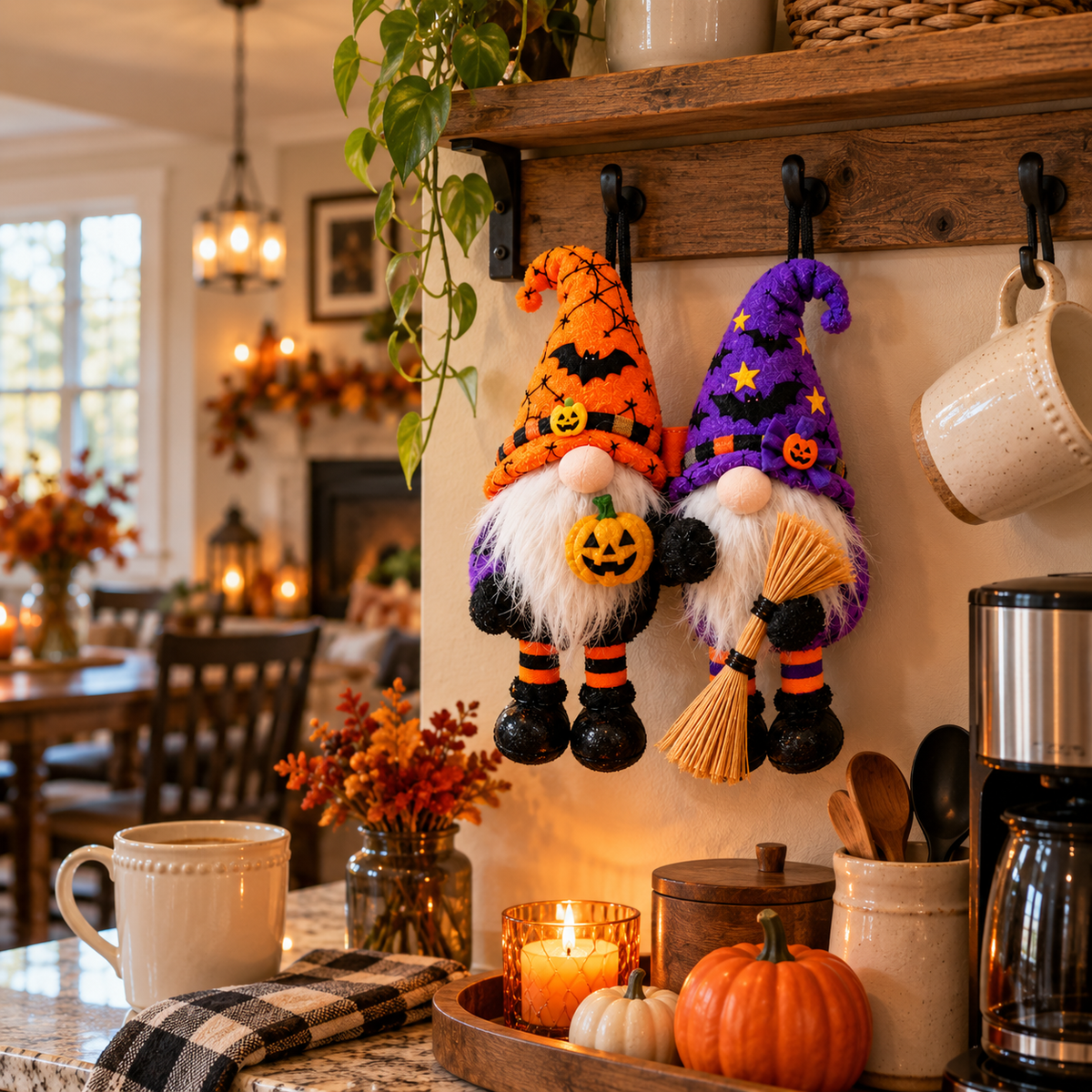 Halloween gnome pair hanging in kitchen