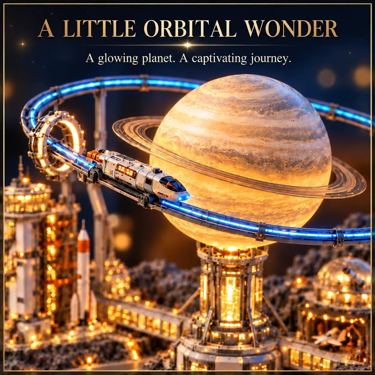 🚀 Orbit Station — Illuminated Spaceport with Moving Trains & Rotating Planet