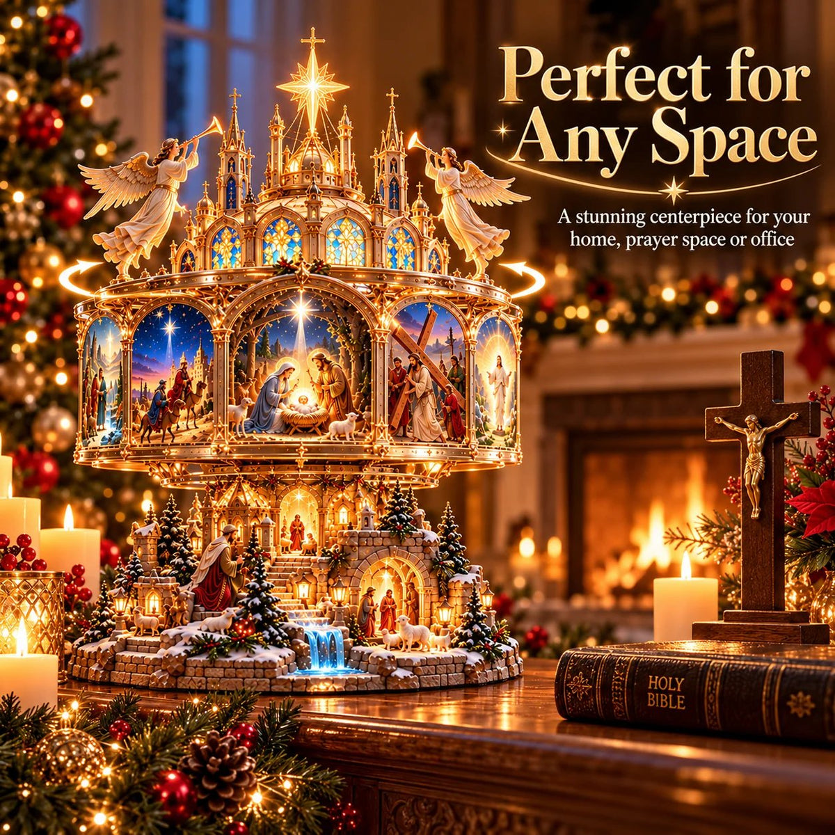 ✝️✨ Journey of Faith™ – 360° Rotating Lighted Bible Story Nativity Display with Angelic Cathedral & Sacred Scenes