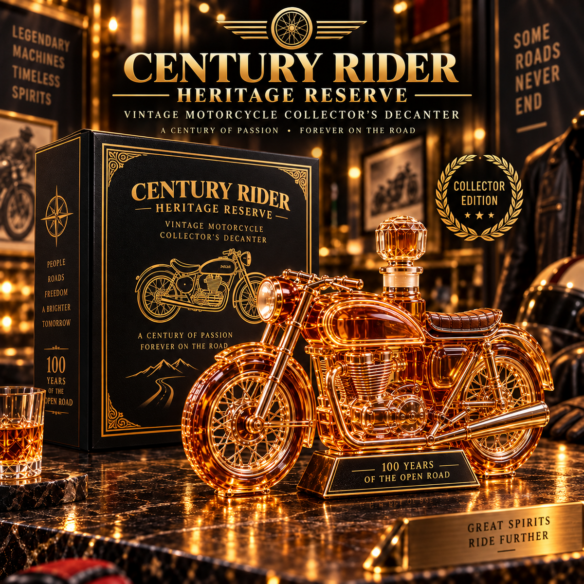 Century Rider vintage motorcycle decanter with black and gold presentation box