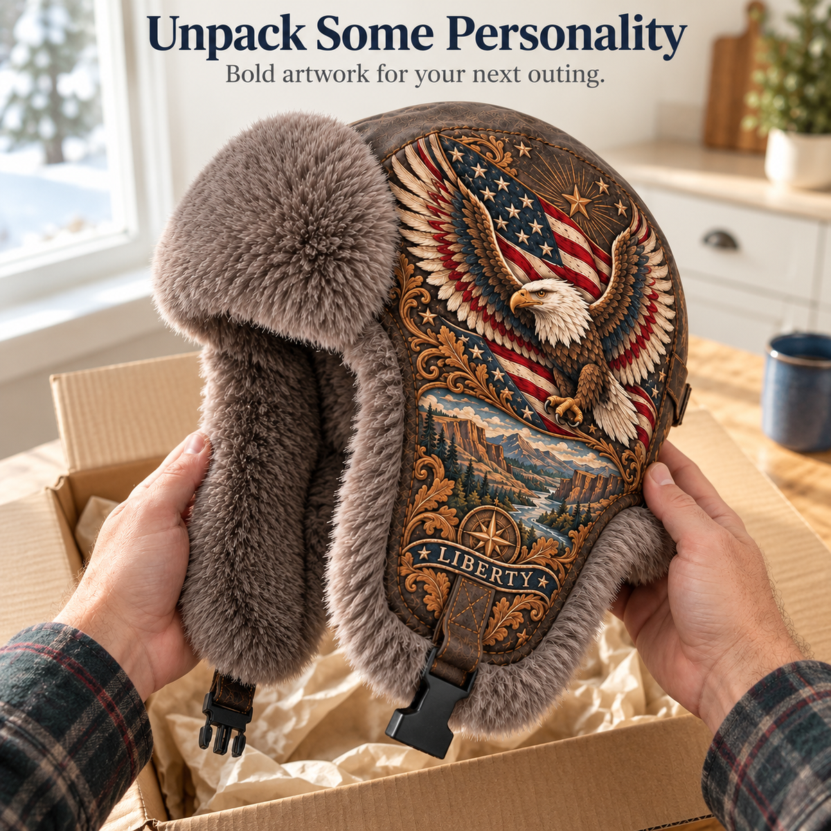 🦅 “Wings of Freedom” Genuine Leather Winter Trapper Hat with Plush Lining