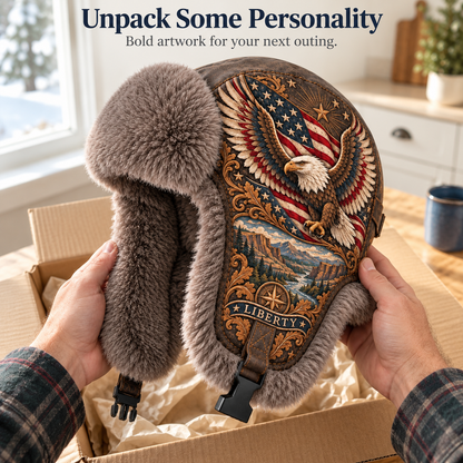 🦅 “Wings of Freedom” Genuine Leather Winter Trapper Hat with Plush Lining