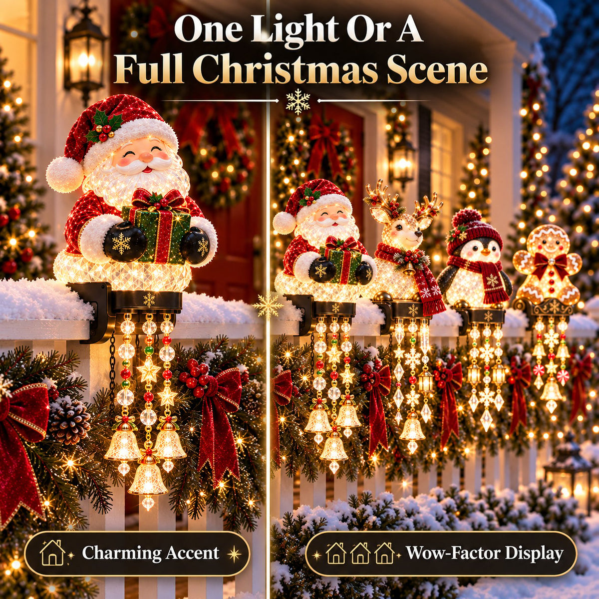 Christmas character lights on porch railings