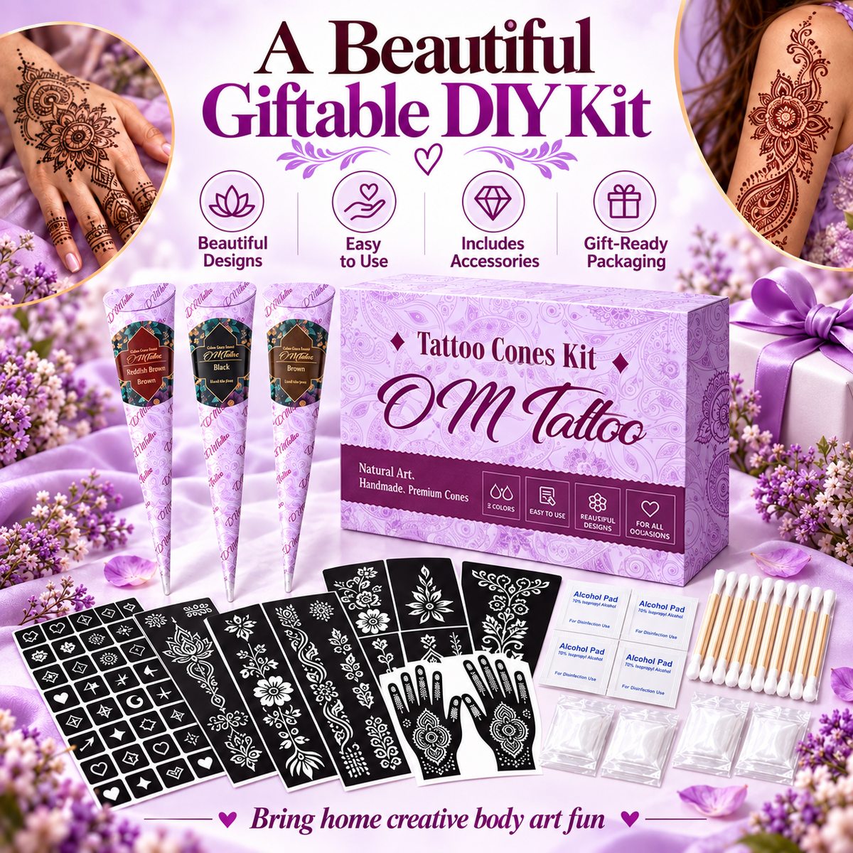 Decorative DIY body art kit with cones, stencils and gift box