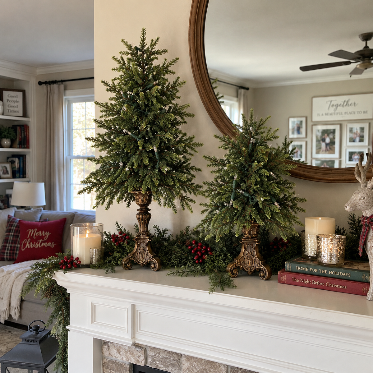 Vintage tabletop Christmas trees on a cozy mantel