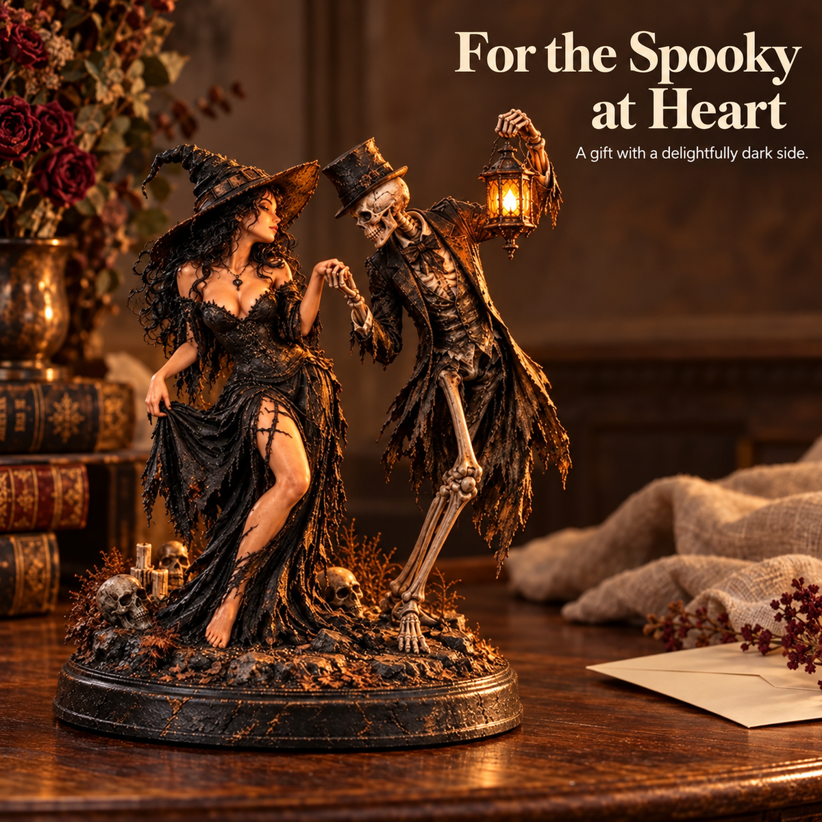 Till Death Do Us Part – Gothic Witch & Skeleton Couple Figurine | Dark Romance Halloween Decor（30*50cm）