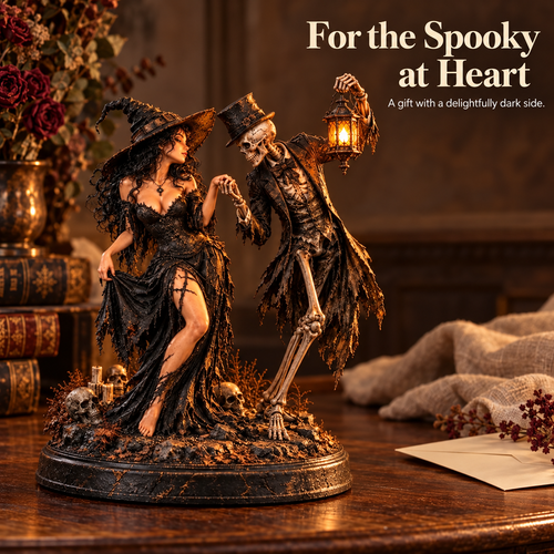 Till Death Do Us Part – Gothic Witch & Skeleton Couple Figurine | Dark Romance Halloween Decor（30*50cm）