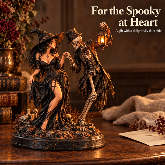 Till Death Do Us Part – Gothic Witch & Skeleton Couple Figurine | Dark Romance Halloween Decor（30*50cm）