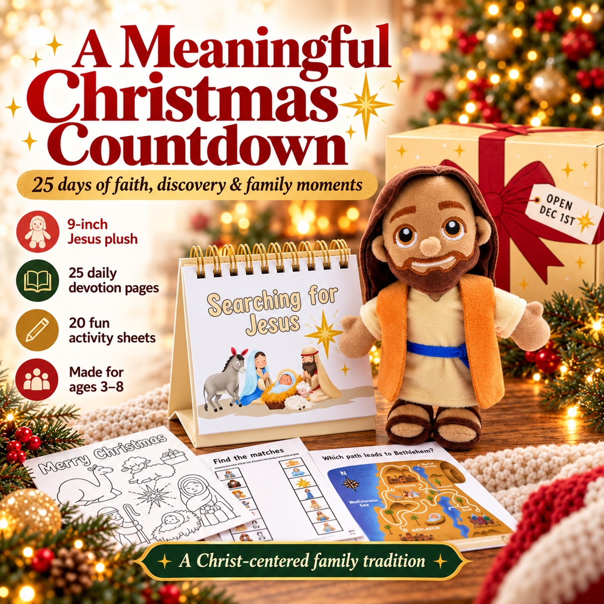 Searching for Jesus – 25-Day Christmas Advent Calendar with Jesus Plush, Bible Stories & Kids’ Activities