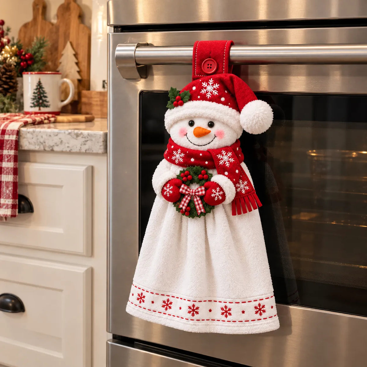 Snowman Christmas hanging kitchen hand towel attached to an oven handle in a cozy kitchen