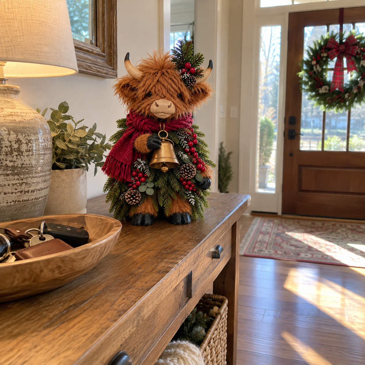 Christmas Highland cow with a red scarf and golden bell on an American entryway console