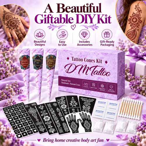 Henna Tattoo Kit with Stencils – Temporary Body Art Cones for Hands & Creative Designs