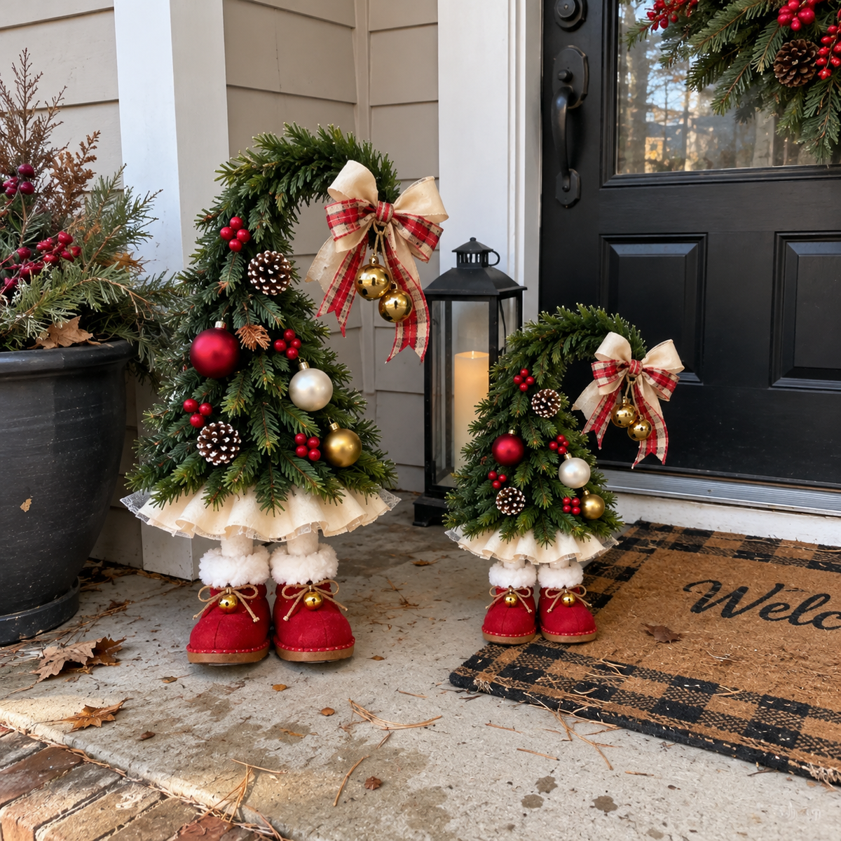 Large and small whimsical Christmas elf trees beside a black front door, with festive red boots and plaid bows
