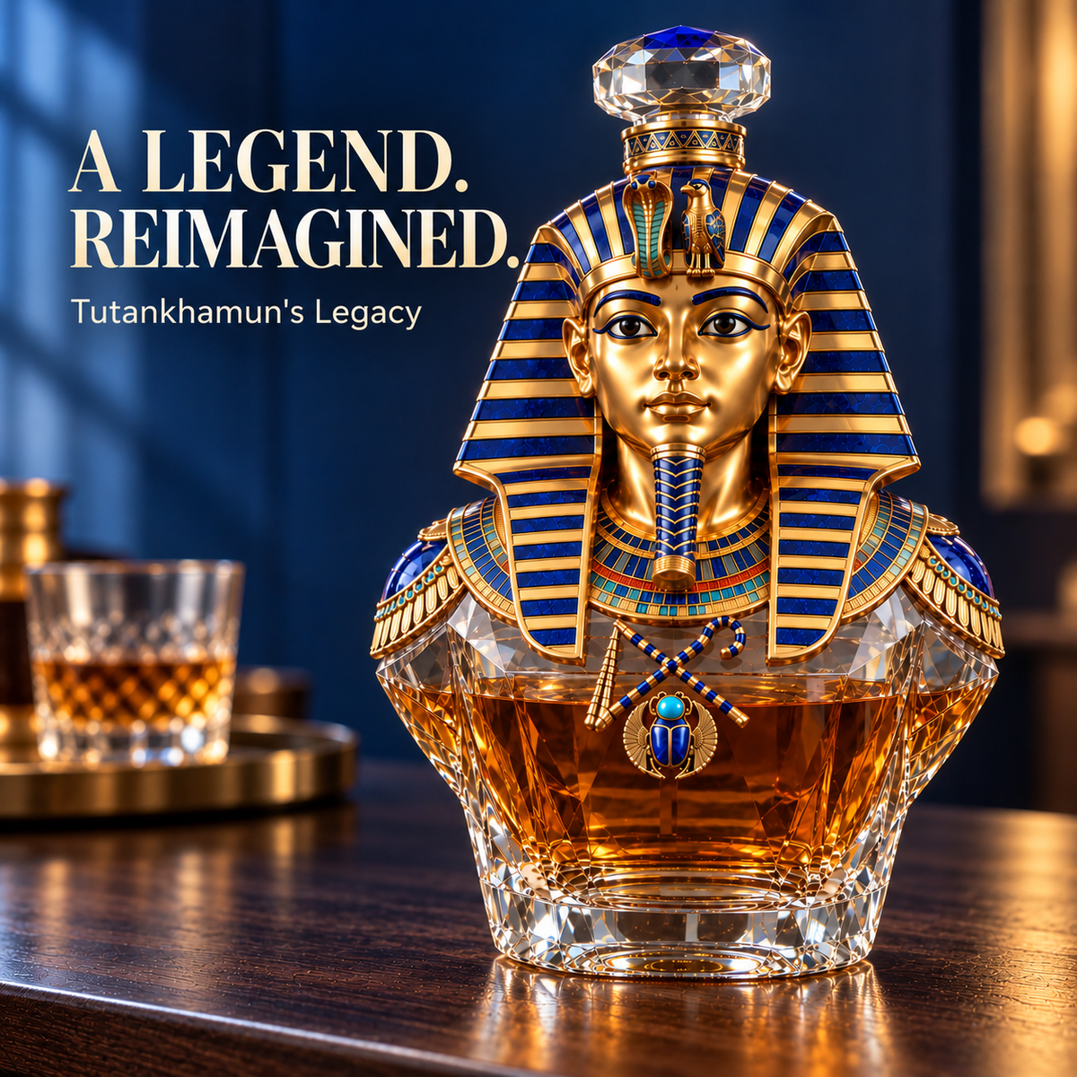 👑 Tutankhamun’s Legacy Whiskey Decanter — Blue & Gold Limited Custom Edition