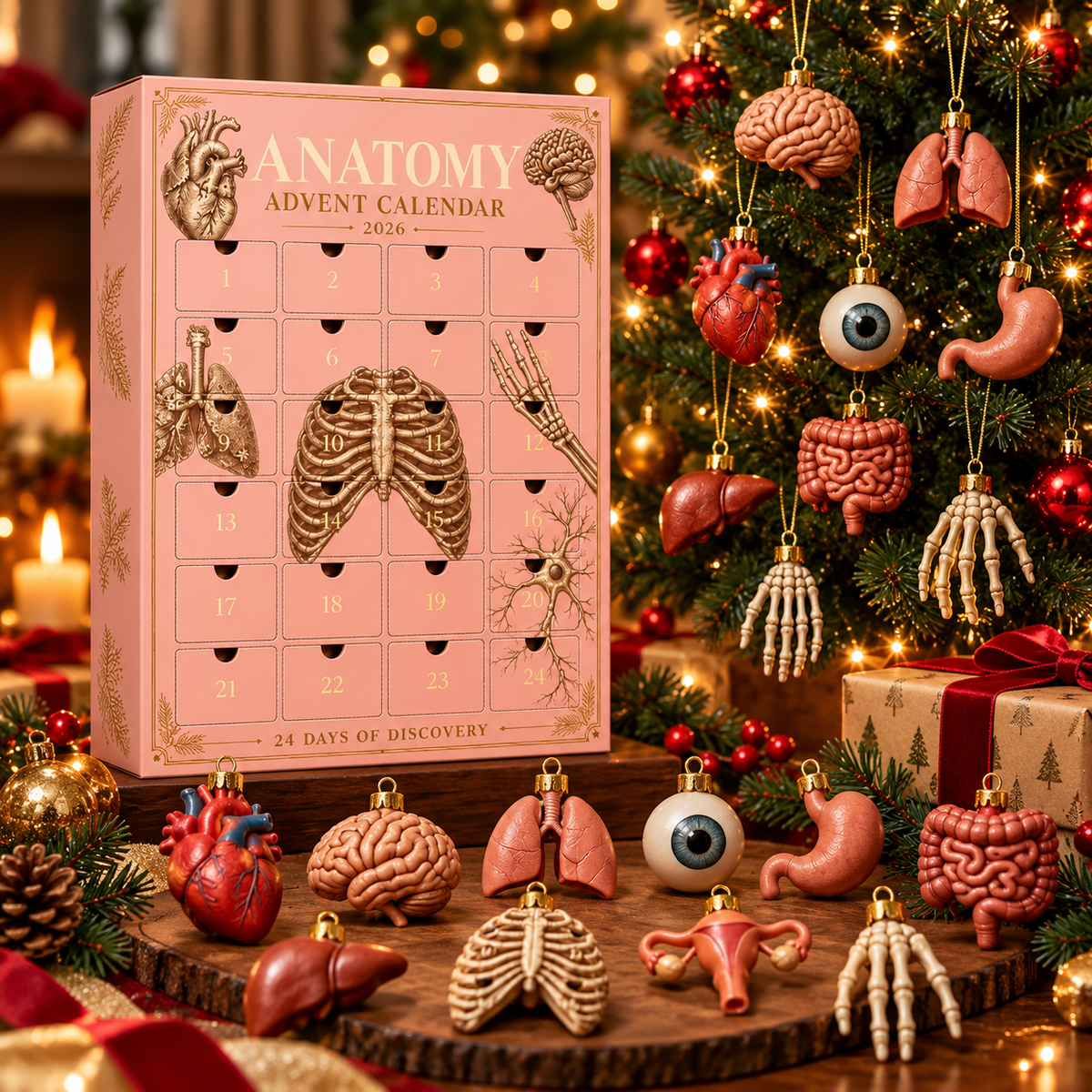 2026 Anatomy Advent Calendar with miniature 3D resin organ ornaments on a Christmas tree
