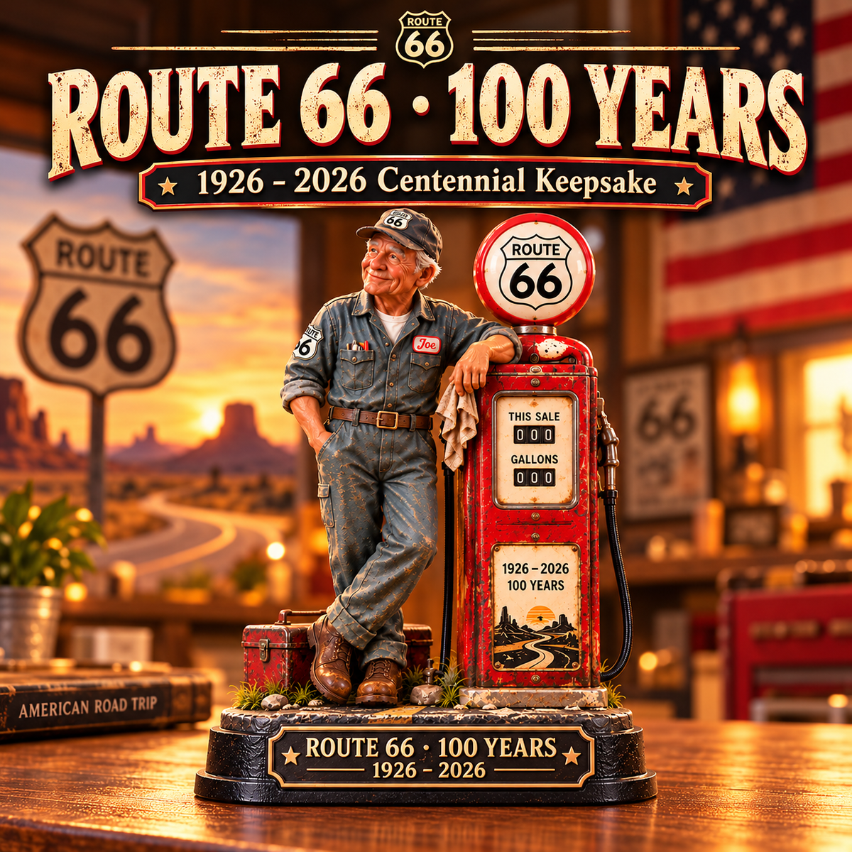 Route 66 centennial collectible figurine with Joe beside vintage red gas pump