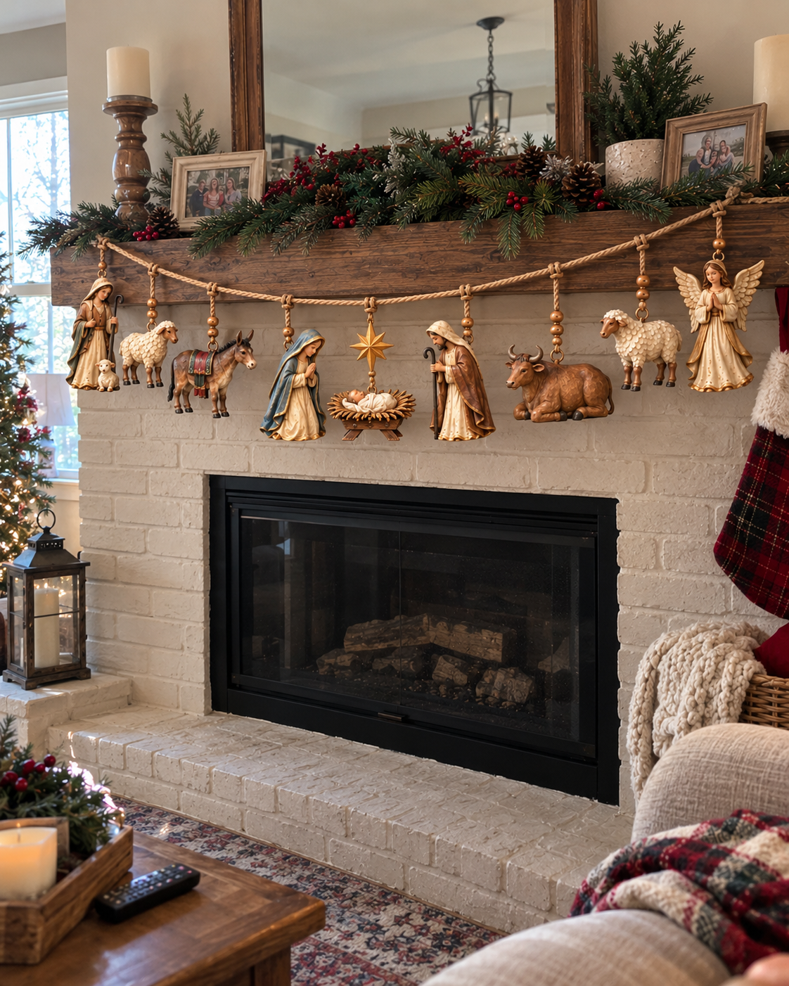 Complete 3D nativity garland displayed across a Christmas mantel