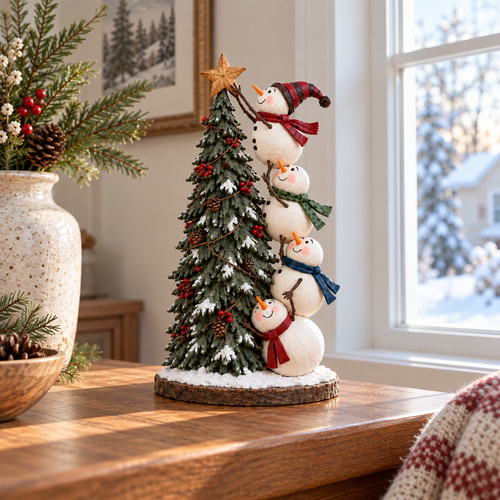 Snowmen Topping the Christmas Tree – Lighted Christmas Figurine