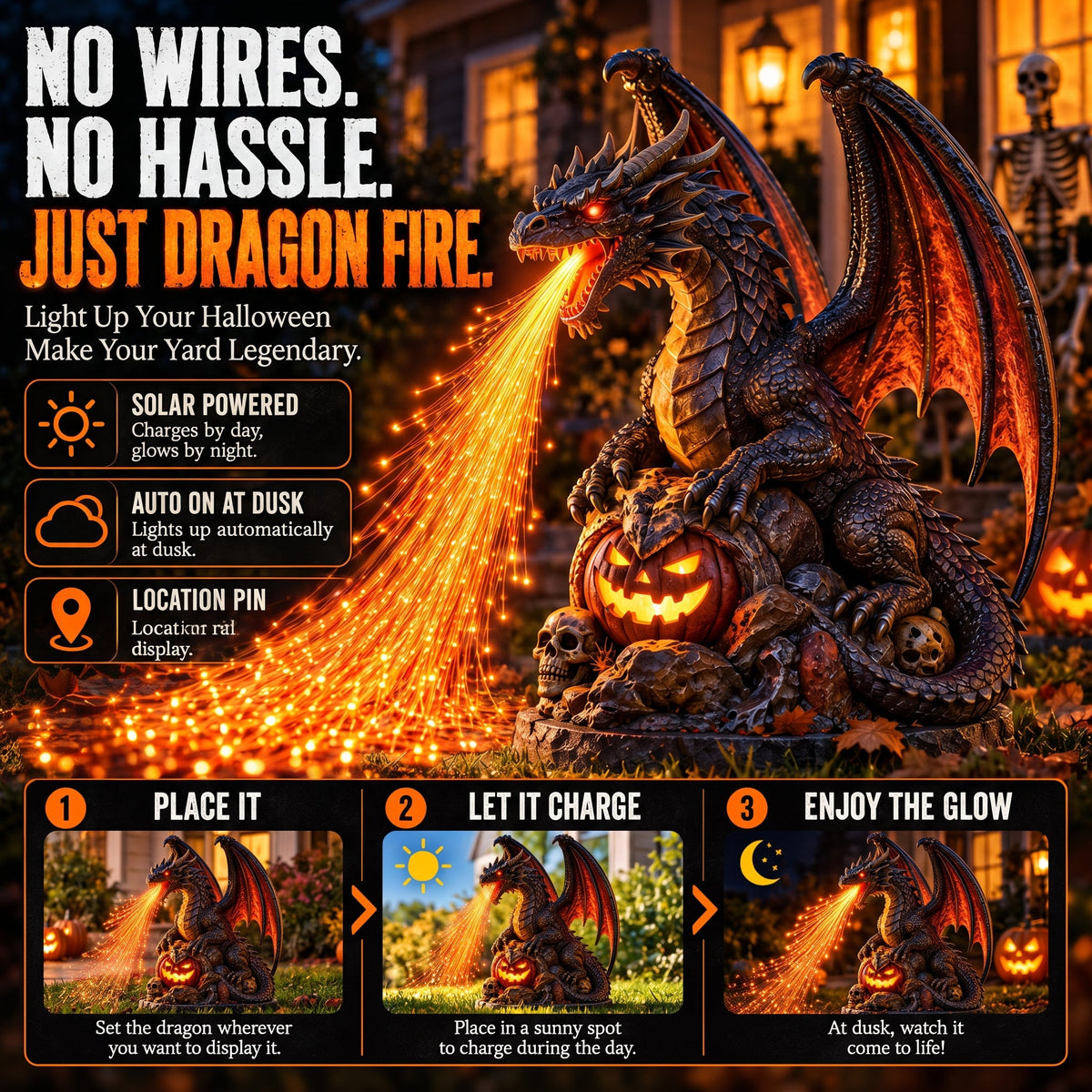 🐉 Inferno Dragon™ Fire-Breathing Solar Garden Light – Glowing Halloween Dragon Statue for Outdoor Yard & Porch Decor