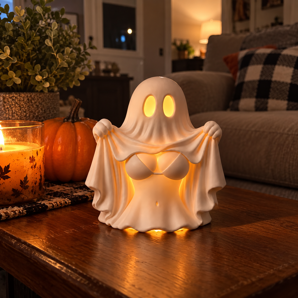Cheeky Ghost Halloween Tabletop Decor – Funny Light-Up Figurine