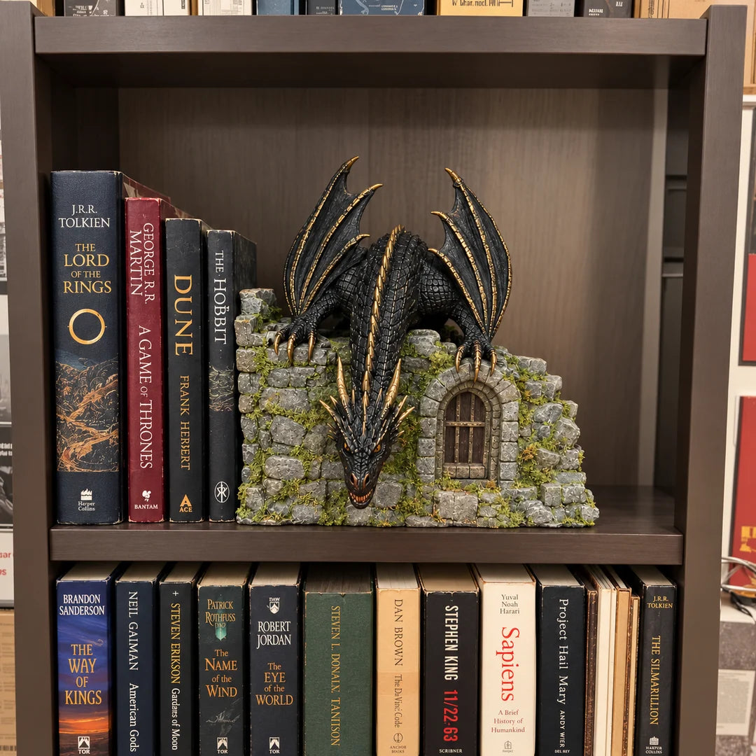 Black dragon castle ornament styled on a fantasy bookcase