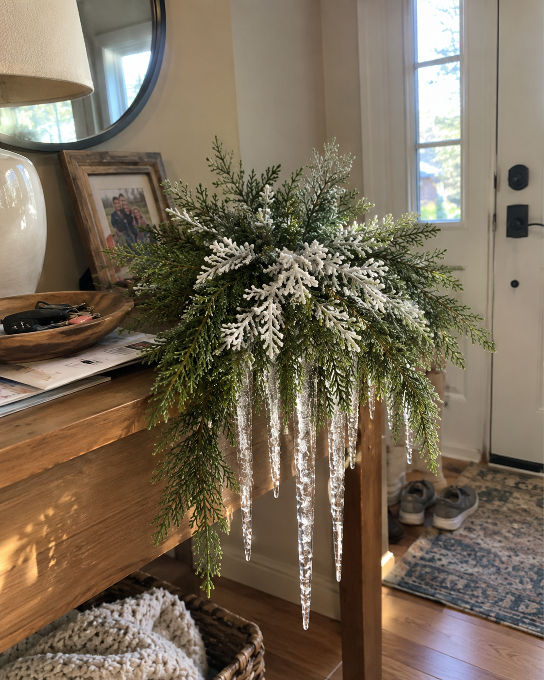 Snow-Kissed Icicle Greenery – Cascading Winter Mantel & Window Decor