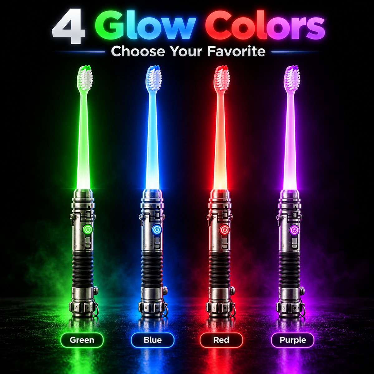 Green blue red and purple glow toothbrushes